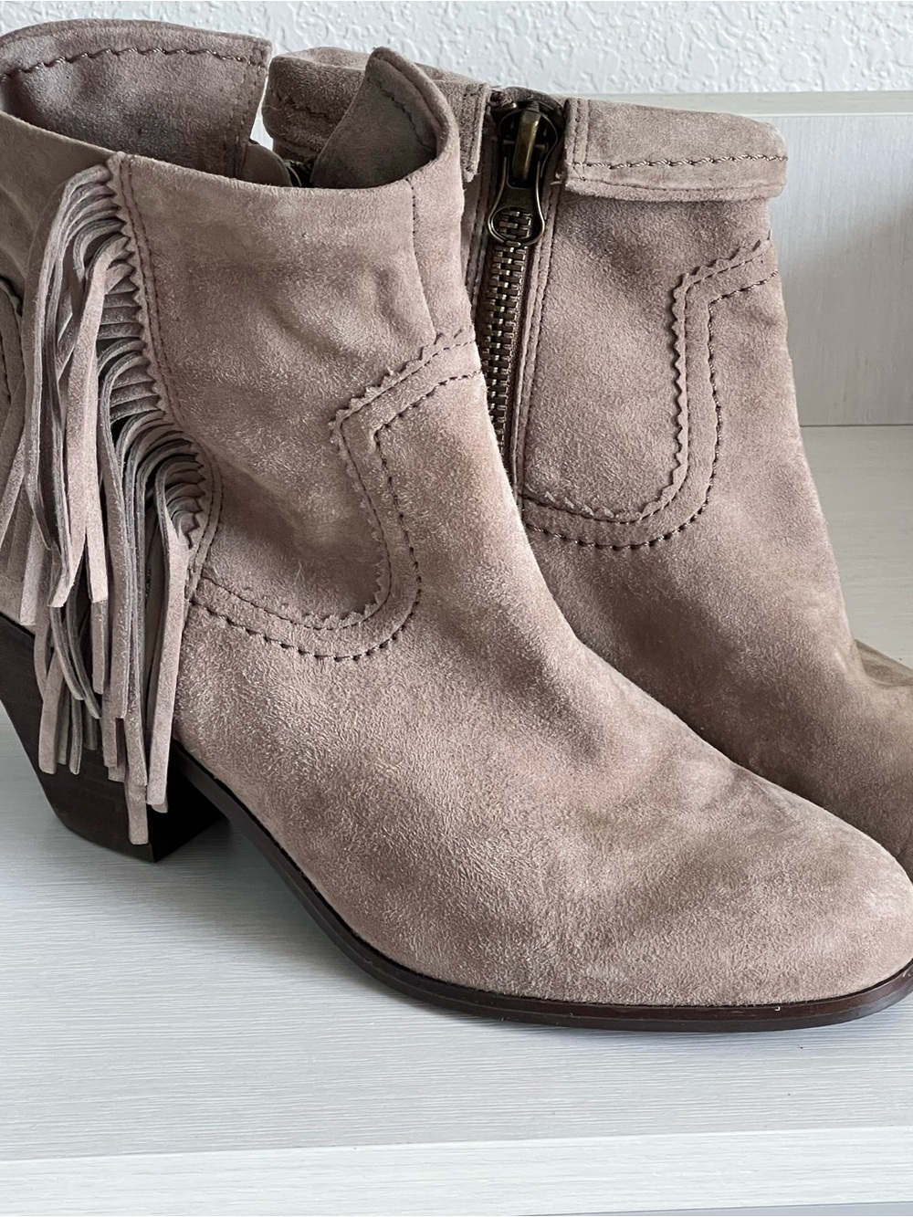 Sam Edelman Taupe Suede Fringe Ankle Boots